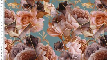 Baumwoll Jersey Rosenblüten mit abstraktem Muster in Petrol